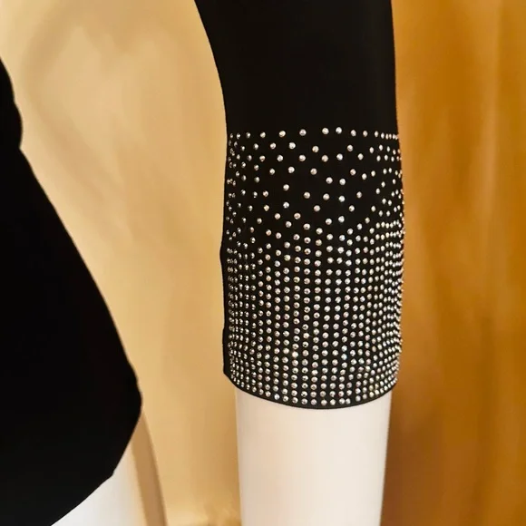 KIKIRIKI Black Long-Sleeve Crewneck Top with Crystal-Embellished Cuffs size S - Picture 12 of 15